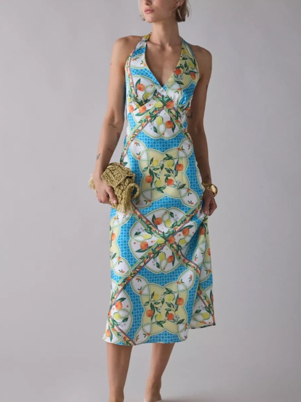 Glamorous Tropical Scarf Print Satin Halter Slip Midi Dress